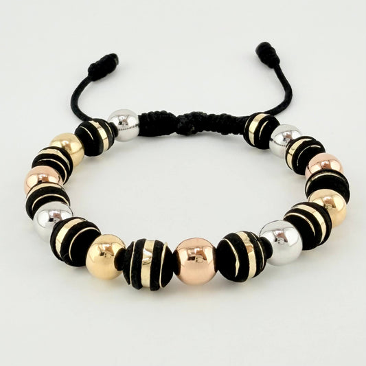 Pulsera Negra Neoros 10und Bolas 10und 3.1gr / 8mm Tres Oros 18K ©