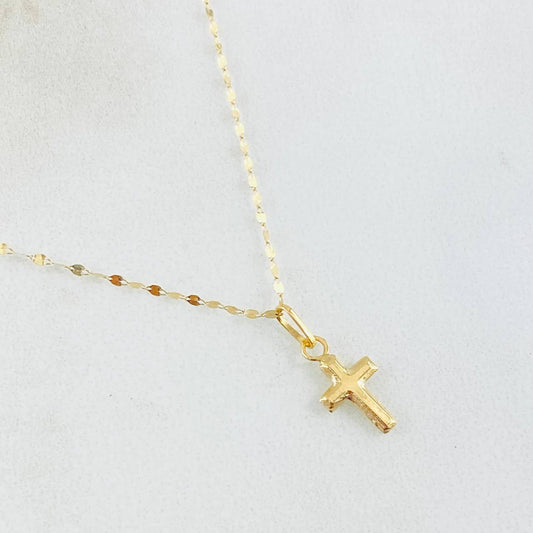 Set Cadena y Dije Mini Flor Espejo + Cruz Lisa 0.55gr / Oro Amarillo 18K