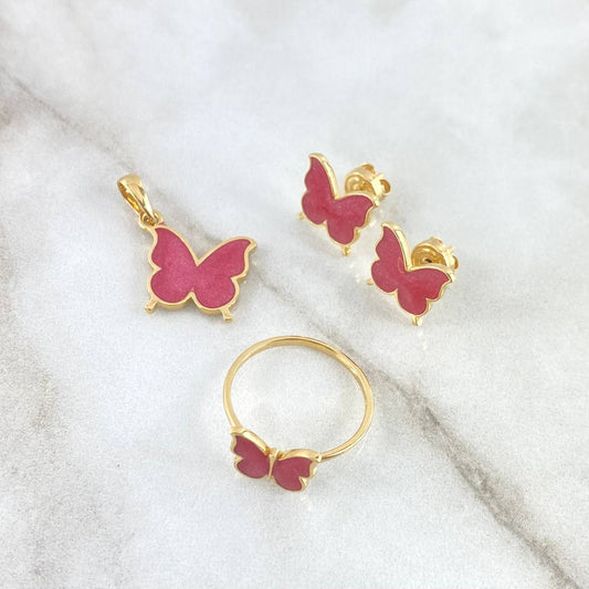 Set Mariposa -Anillo T5 3/4 - Dije 2cm - Topos 9mm 5.85gr / Rosado fresa Oro Amarillo 18K ©