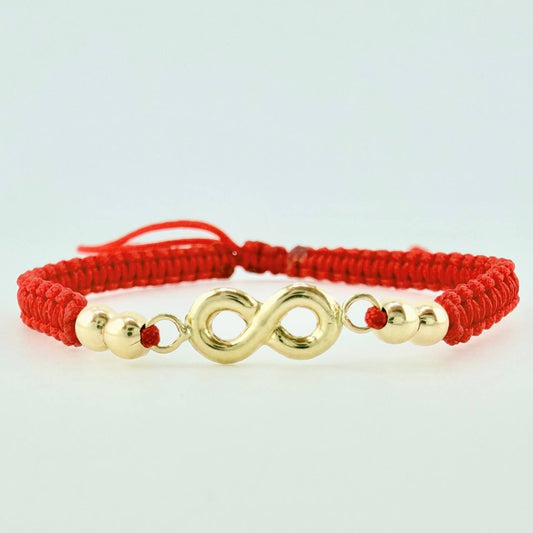 Pulsera Tejida Roja Herraje Infinito Bolas Lisas 3Mm / 4 Und Oro Amarillo 18K