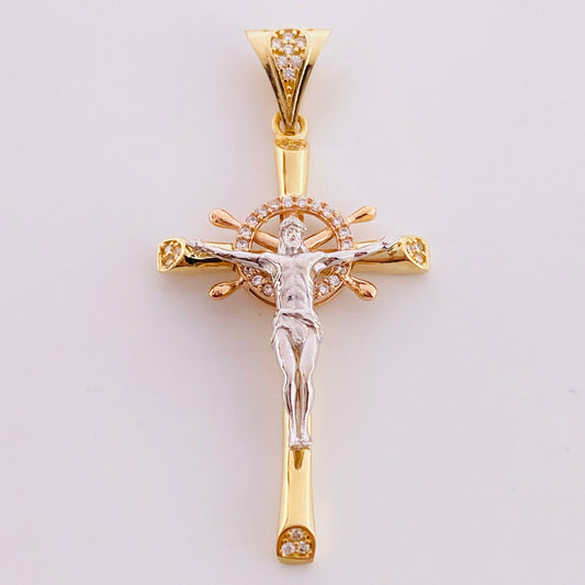 Pendant Cross Christ Wheel 5.25 g / 1 3/4 in Three Golds 18K
