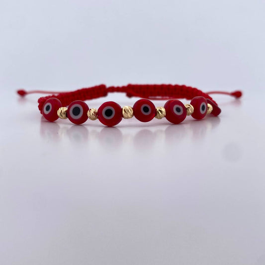 Pulsera Roja Ojo Turco 3mm 6 Und Bolas Diamantadas Oro Amarillo 18K (A.C)