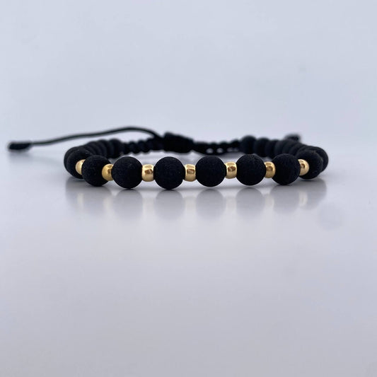 Pulsera Negra 3mm Bolas Lisas 8 und Neoprenos Oro Amarillo 18K (A.C)