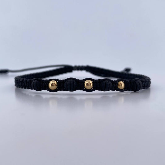 Pulsera Negra 3mm Bolas Lisas 3 und Neoprenos Oro Amarillo 18K (A.C)
