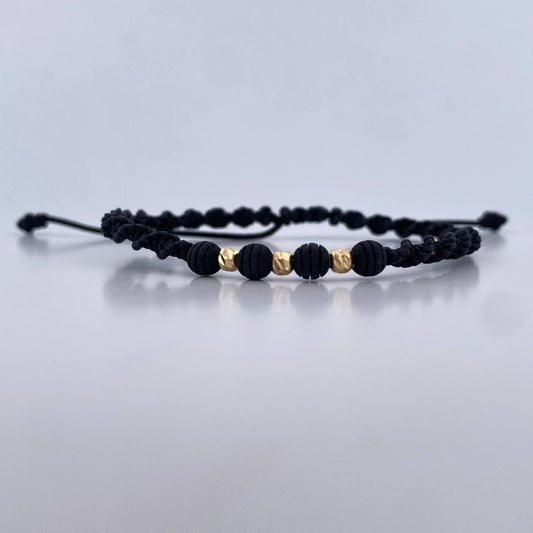 Pulsera Negra 3mm 3 Und Bolas Diamantadas Neoprenos Oro Amarillo 18K (A.C)