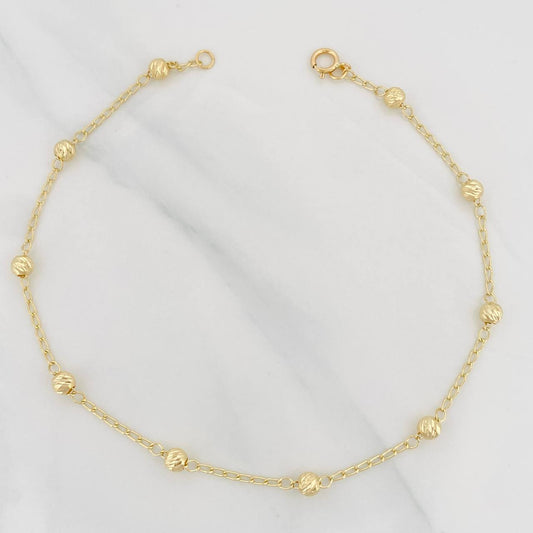 Tobillera Espiga Bolas Diamantadas 2.2g / 10 3/4 in / 4mm Oro Amarillo 18K