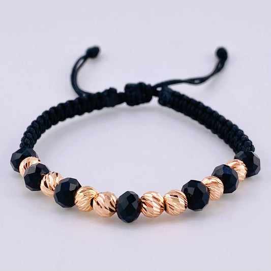 Pulsera Tejida Negra Bolas Diamantadas 8 Und / 5Mm Oro Rosa 18K