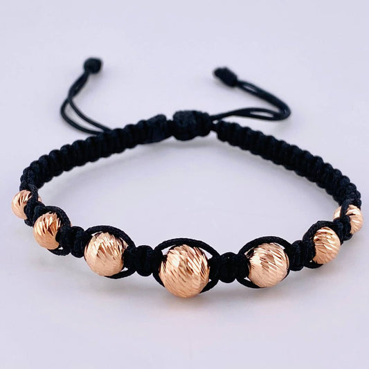 Pulsera Tejida Negra Bolas Diamantada 7 Und/ 5Mm-6Mm-7Mm-8Mm Oro Rosa 18K