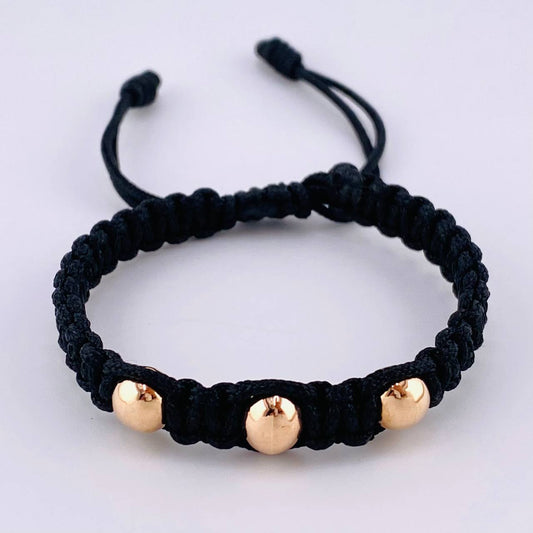 Pulsera Tejida Negra Bolas Lisas 3 Und / 7Mm-8Mm Oro Rosa 18K (A.C)