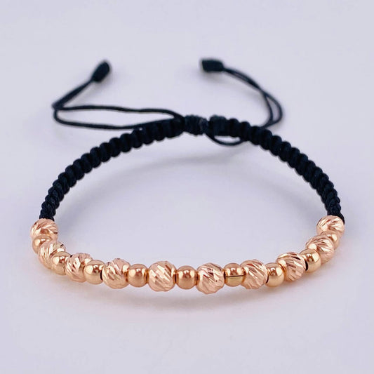 Pulsera Tejida Negra Bolas Lisas 10 Und- 4Mm / Diamantada 9 Und- 3Mm Oro Rosa 18K