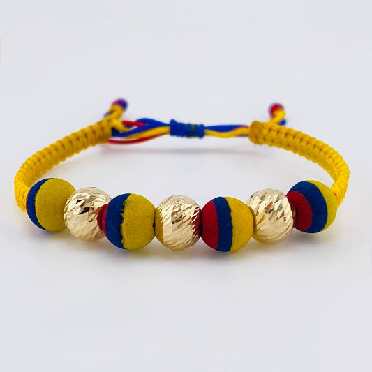 Pulsera Tejida Tricolor Neopreno Bolas Diamantadas 8Mm / 3 Und Oro Amarillo 18K (A.C)
