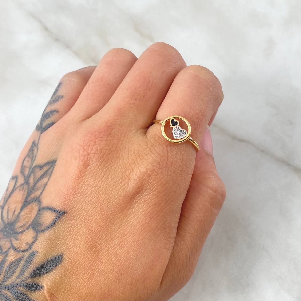 Hearts Ring 1.5gr / Size 6 1/2 / White-Black Zircons Two Yellow and White Golds Hearts Ring 1.5gr / Size 6 1/2 / White-Black Zircons Two Yellow and White Golds