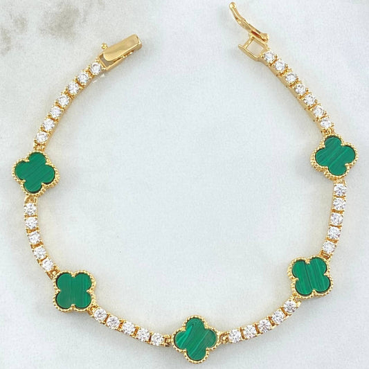 Pulso Tennis Trebol VCyA 13.55gr / 19cm / 2.8mm Malaquita Verde Circones Blancos Oro Amarillo 18K ©