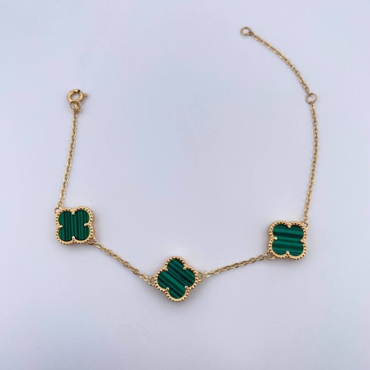 Pulso Espiga Trebol 5.35gr / 17cm-19cm / 1.6mm Malaquita Verde Oro Amarillo 18K $