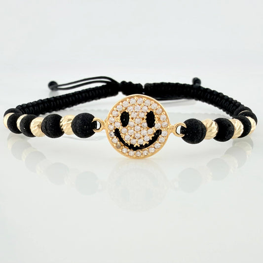 Pulsera Tejida Negra Cara Feliz 4Mm 8Und Oro Amarillo 18K
