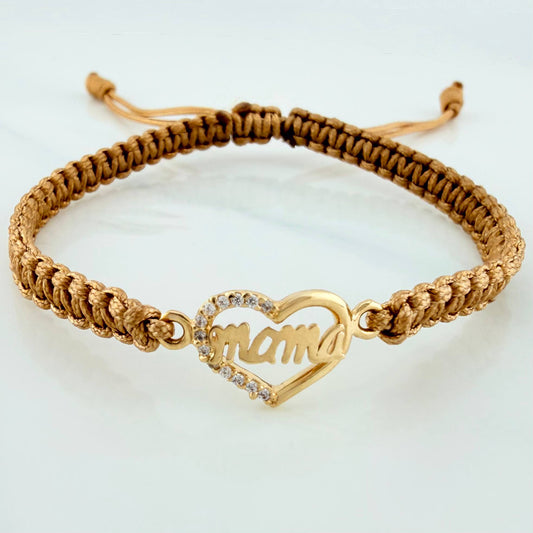 Pulsera Tejida Caqui Corazón Mamá Oro Amarillo 18K