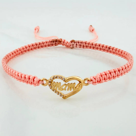 Pulsera Tejida Rosada Corazón Mamá Oro Amarillo 18K