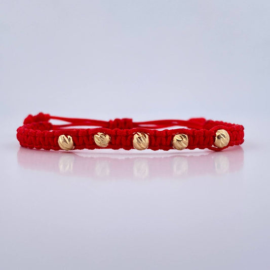 Pulsera Roja Bolas 4mm 5 Und Diamantadas Oro Amarillo 18K (A.C)