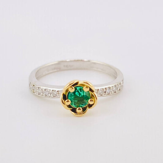 Anillo Flor Fulminante Esmeralda 23pts Diamantes 14pts 3.1gr / T6 1/2 / Dos Oros Amarillo Blanco 18K ©