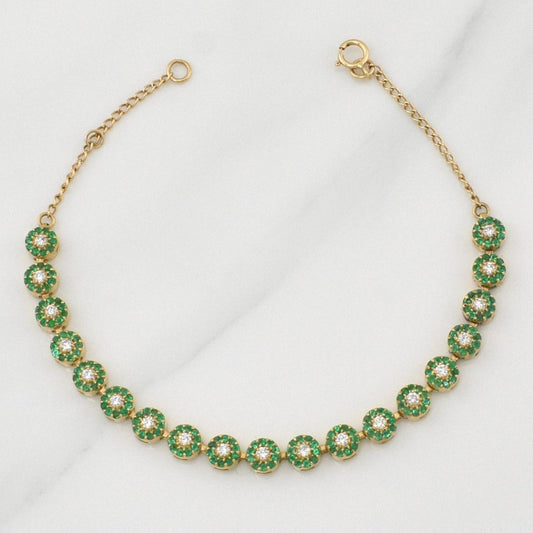 Bracelet Halos Emeralds 1.21 carats Diamonds 0.51 points 5.6g / 7 1/2 in / 5.1mm Yellow Gold 18K