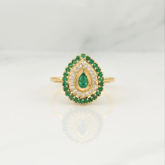 Halo Drop Ring Emeralds 0.4pts Diamonds 0.1pts 4.8g / T6.75 Yellow Gold 18K