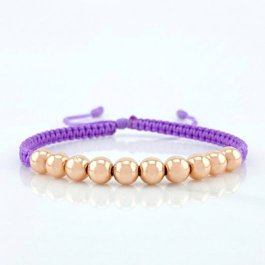 Pulsera Tejida Lila Bolas Lisas 10 Und / 6Mm Oro Rosa 18K