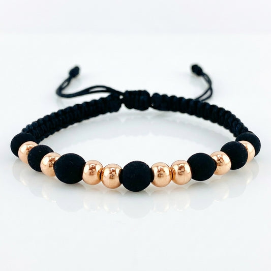 Pulsera Tejida Negra Bolas Lisas 8 Und / 5Mm Oro Rosa 18K