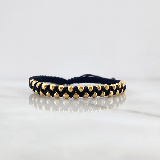 Pulsera Negra 3mm 31 Und Bolas Lisas Oro Amarillo 18K (A.C)