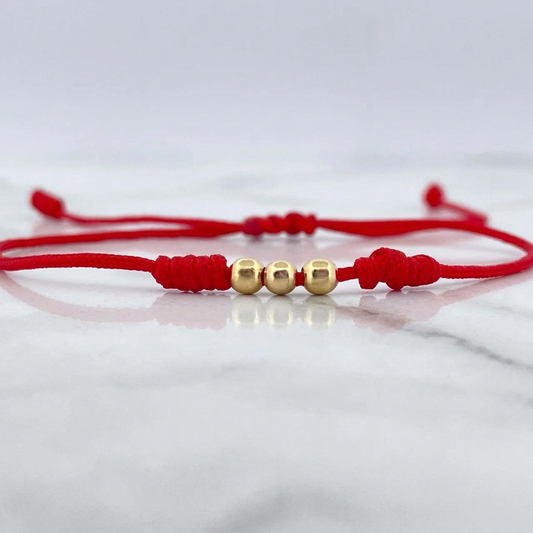 Pulsera Roja Bolas 3mm 3 Und Lisas Oro Amarillo 18K (A.C)