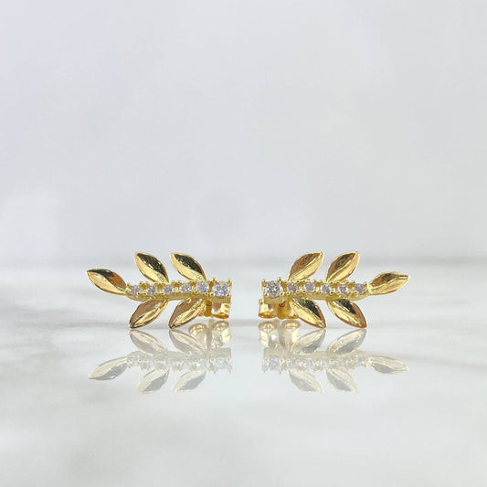 Stud Earrings Mermaid Leaf 2.75gr / 2cm / White Zircons Yellow Gold