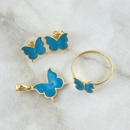 Butterfly Set - Ring T7 - Pendant 2cm + Stud Earrings 10mm 5.75gr / Electrostatic Blue Pearl Yellow Gold 18K ©