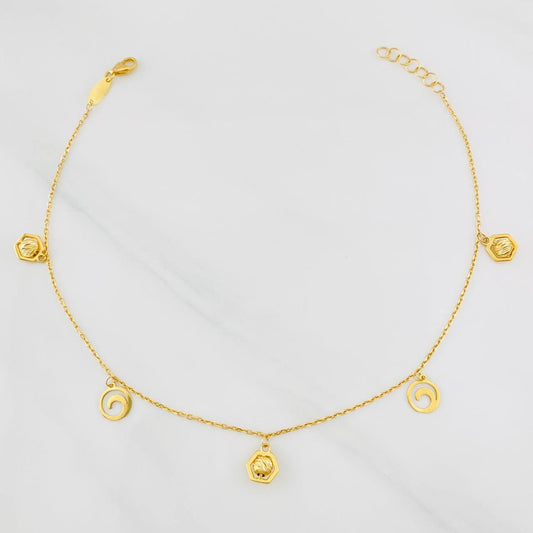Tobillera Aro Seguido Figuras 2.45g / 9 in / 1mm Oro Amarillo 18K