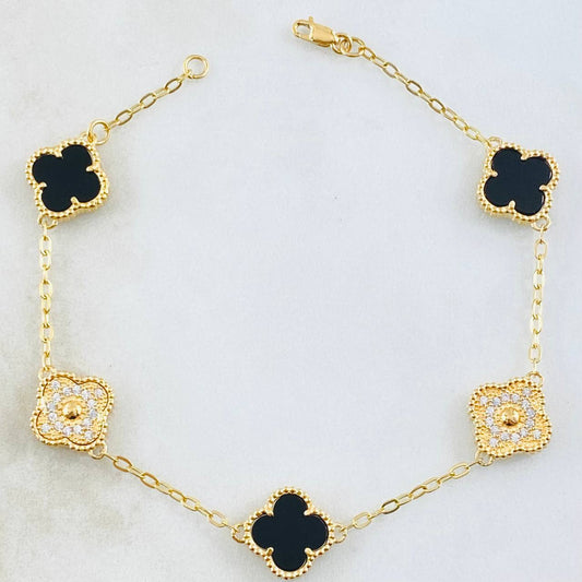 Pulso Trebol Onix Negro Diamantado 10gr / 7 3/4 in / Oro Amarillo Nac.Esp. 18K ©