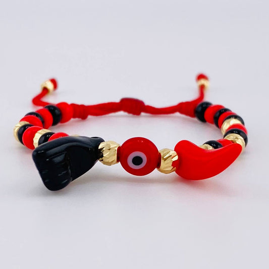 Pulsera Tejida Roja Mano Protección / Bolas Diamantadas 10Und 3Mm-4Mm Oro Amarillo 18K (A.C)