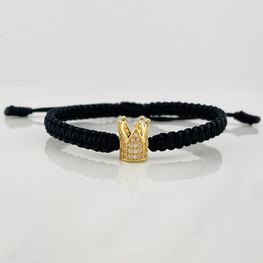 Pulsera Tejida Negra Corona Oro Amarillo 18K