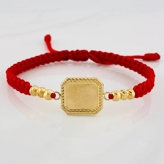 Pulsera Tejida Roja Placa Cuadrada Punteada Oro Amarillo 18K