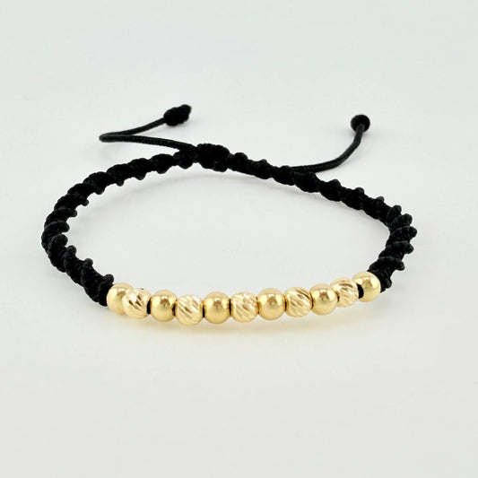 Black Woven Bracelet with Diamond Cut/Plain Beads in 18K Yellow Gold