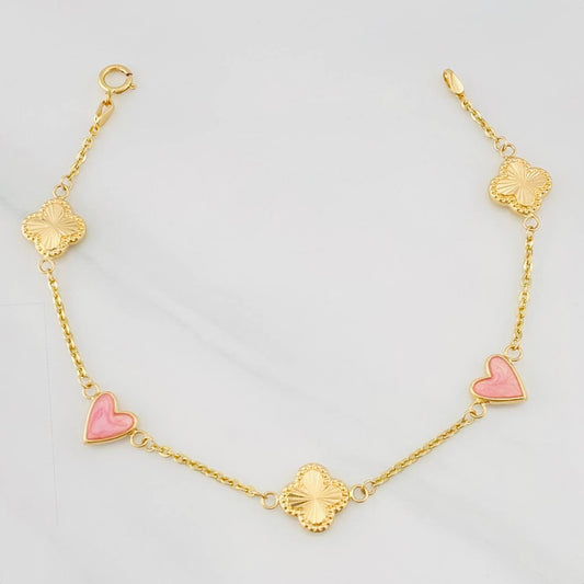 Pulso Aro Seguido Trebol Corazon 3.3g / 7 in / 1.43mm Oro Amarillo 18K