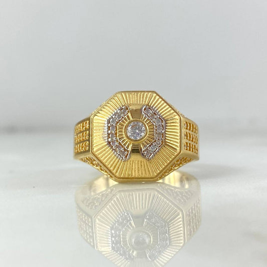 Striped Octagonal Ring 7.25gr / Size 9 1/2 / White Zircons Two-tone Yellow and White Gold