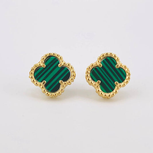Clover Stud Earrings Green Malachite 2.1 g / in / 8.45 mm Yellow Gold 18K
