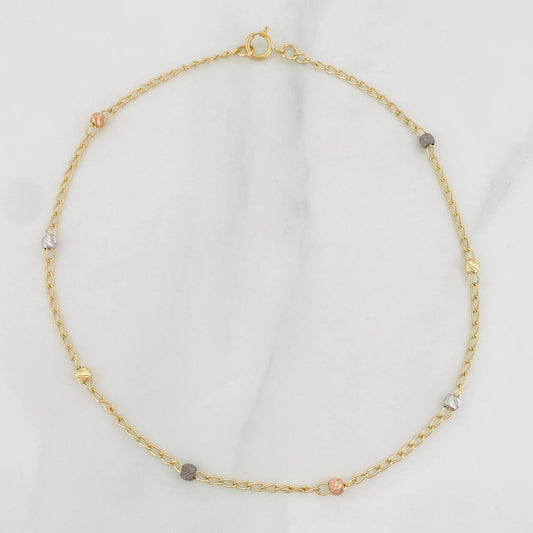 Tobillera Aro Seguido Bolas Diamantadas 1.75g / 9 3/4 in / 1.18mm Tres Oros 18K
