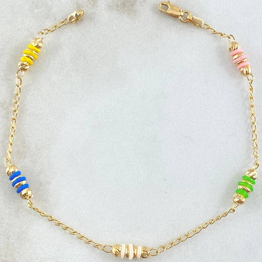 Pulso Espiga Bolas Emuladoras 2.4gr / 18.5cm / 3mm Diamantadas Cauchos Colores Oro Amarillo 18K