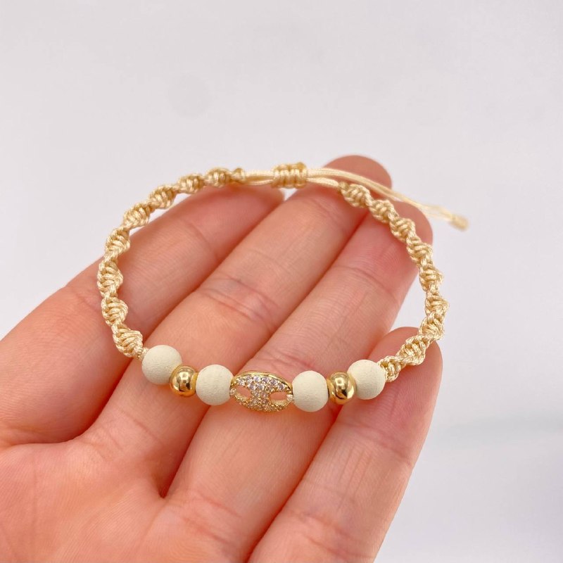 Pulsera Tejida Beige Herraje GC Bolas Lisas Oro Amarillo 18K