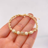 Pulsera Tejida Beige Herraje GC Bolas Lisas Oro Amarillo 18K