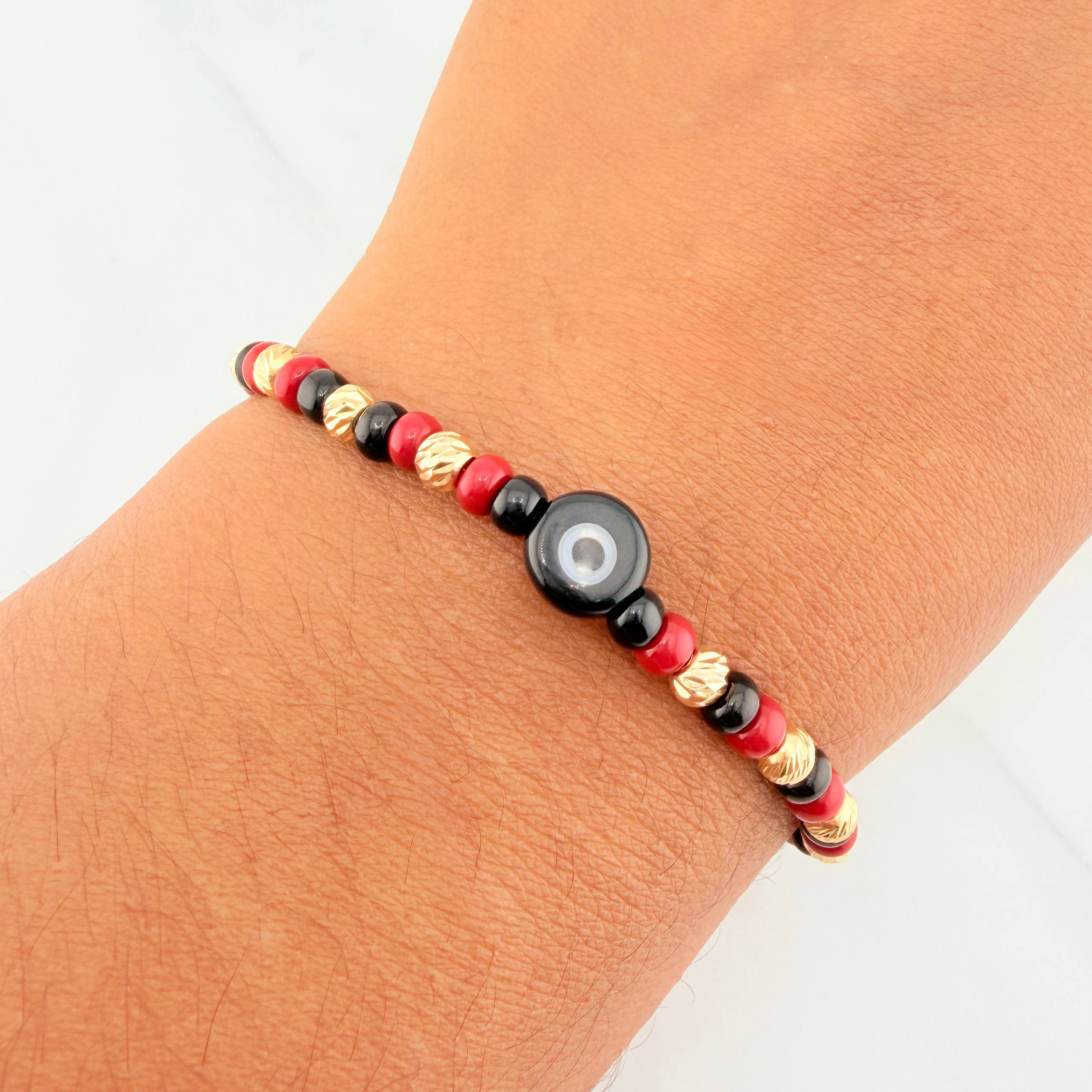 Red Woven Bracelet with Turkish Eye in 18K Yellow Gold