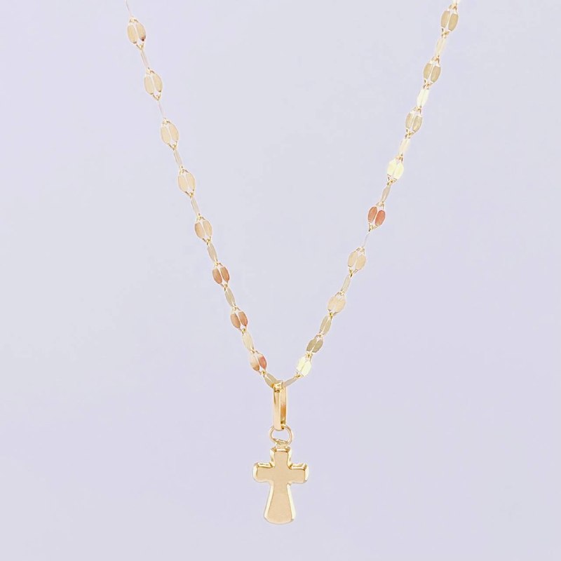 Set Cadena Flor Espejo + Dije Cruz / 1.25g / 18 in Oro Amarillo 18K