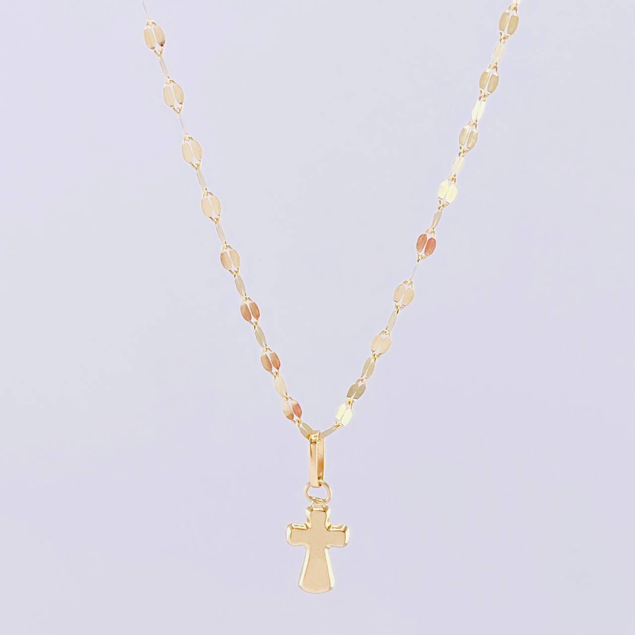 Set Cadena Flor Espejo + Dije Cruz / 1.25g / 18 in Oro Amarillo 18K