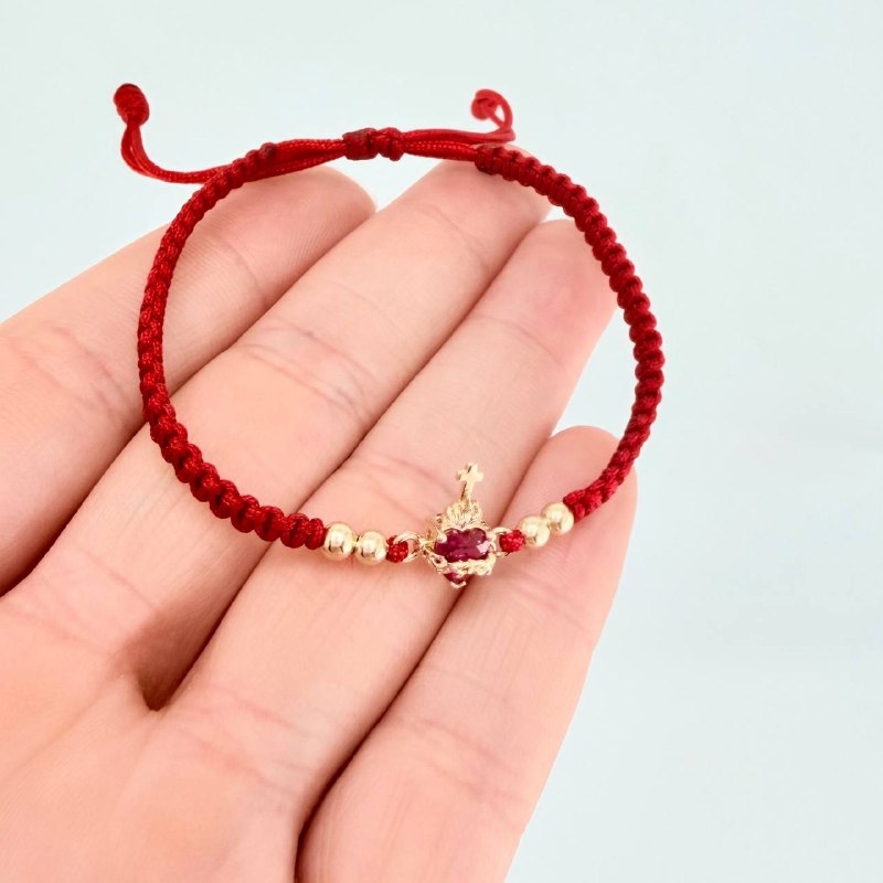 Red Woven Bracelet Sacred Heart Charm Plain Beads Yellow Gold 18K