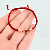 Red Woven Bracelet Sacred Heart Charm Plain Beads Yellow Gold 18K