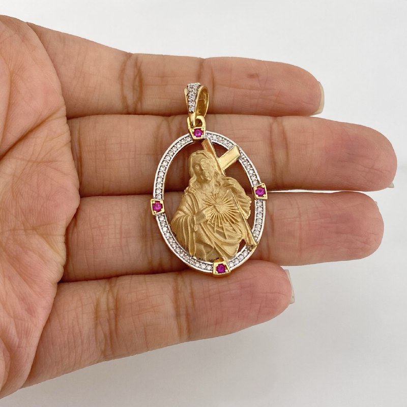 Dije Sagrado Corazon De Jesus 7.7 g / 1 3/4 in Dos Oros Amarillo Blanco 18K
